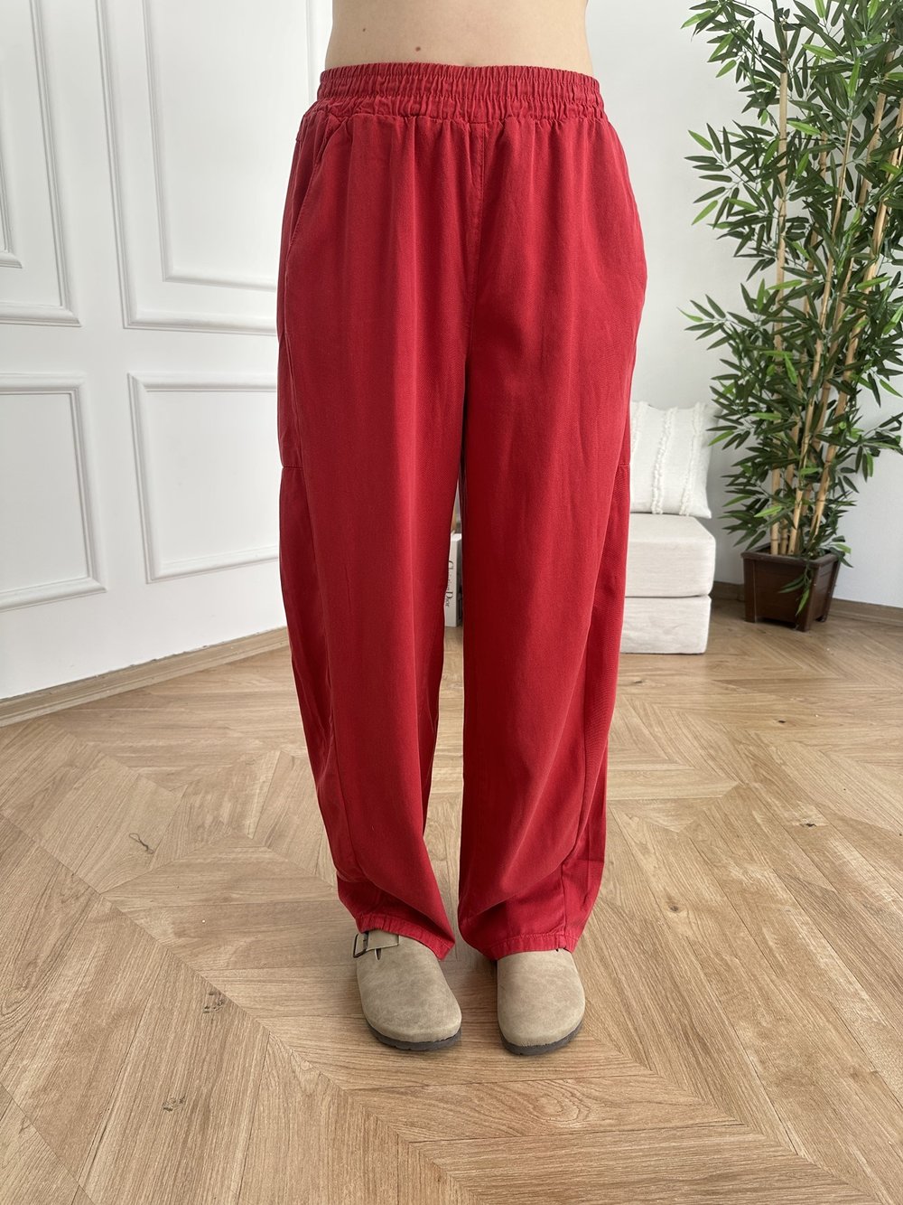 Bol Paça Tensel Beli Lastikli Pantolon Kırmızı