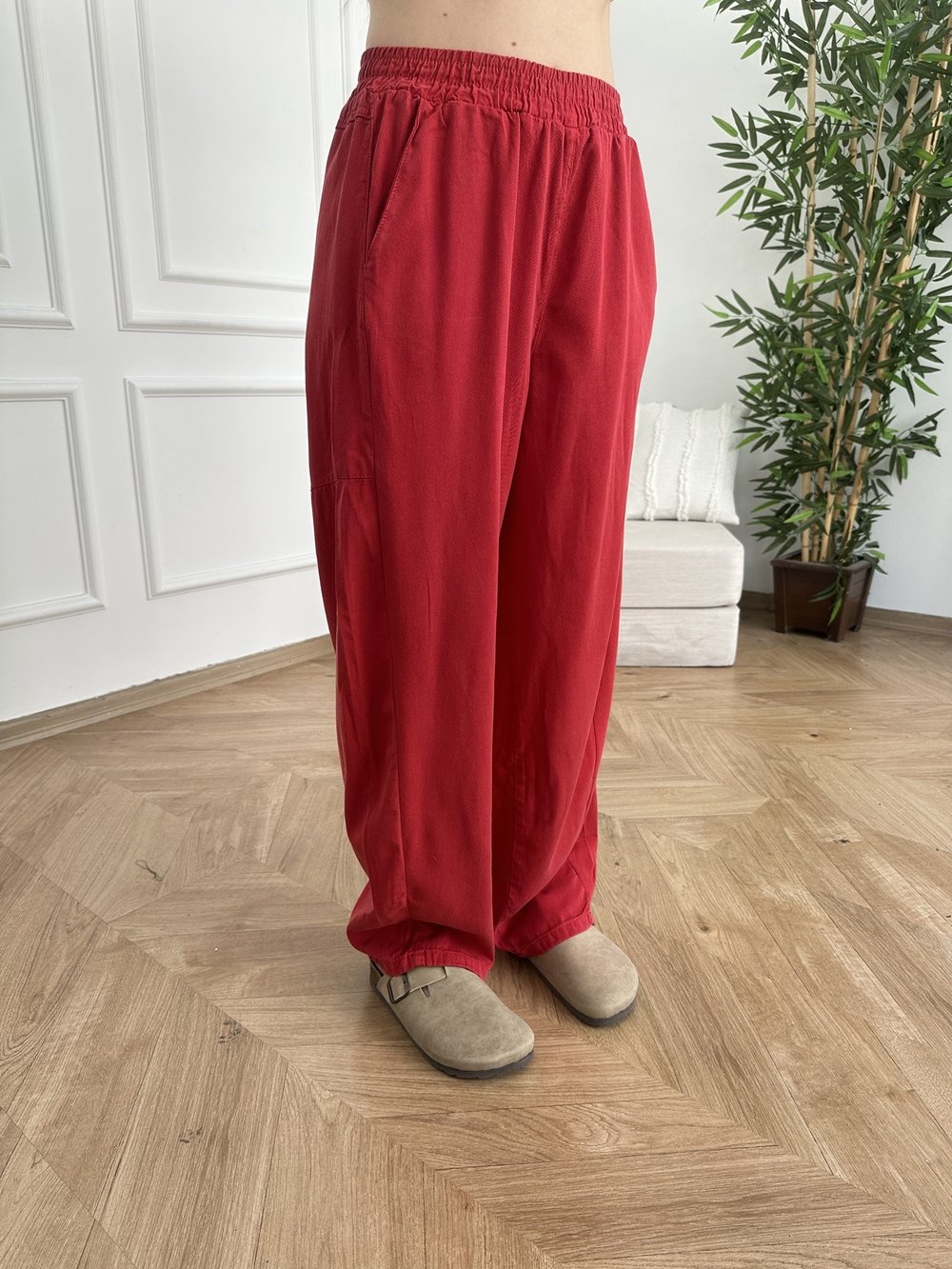 Bol Paça Tensel Beli Lastikli Pantolon Kırmızı
