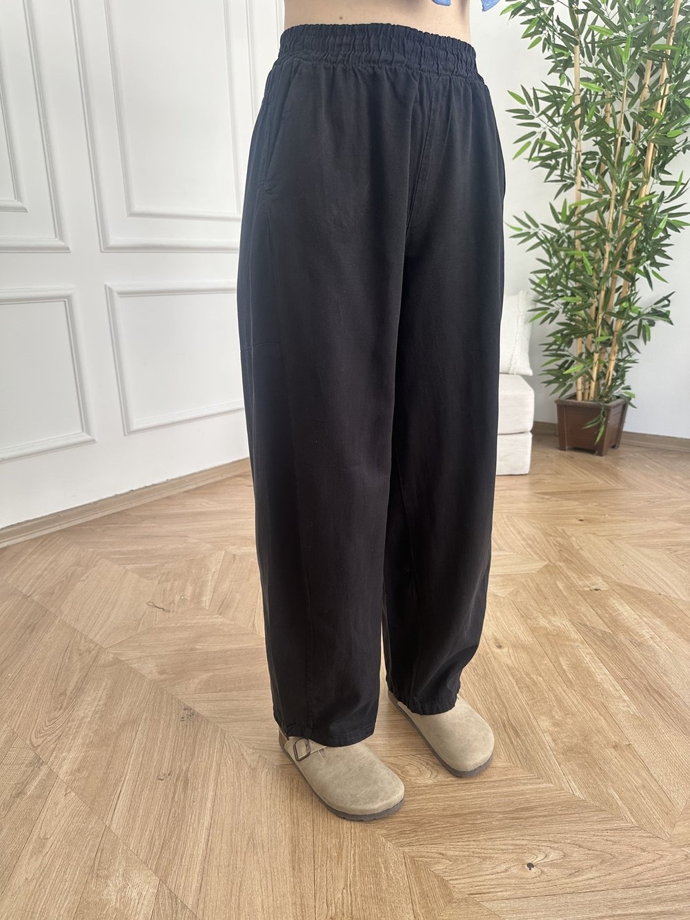 Bol Paça Tensel Beli Lastikli Pantolon Siyah
