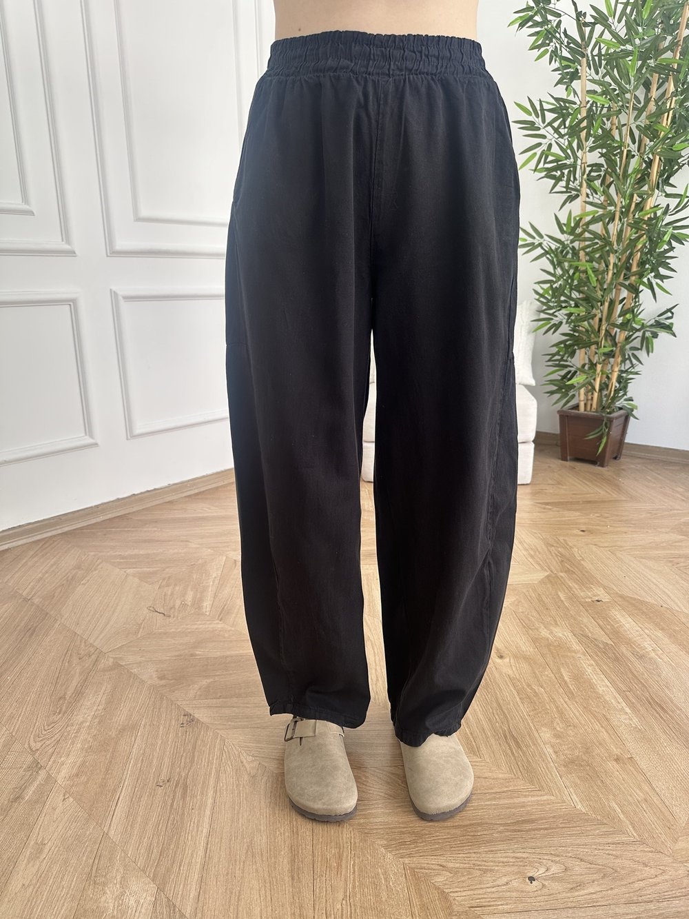 Bol Paça Tensel Beli Lastikli Pantolon Siyah