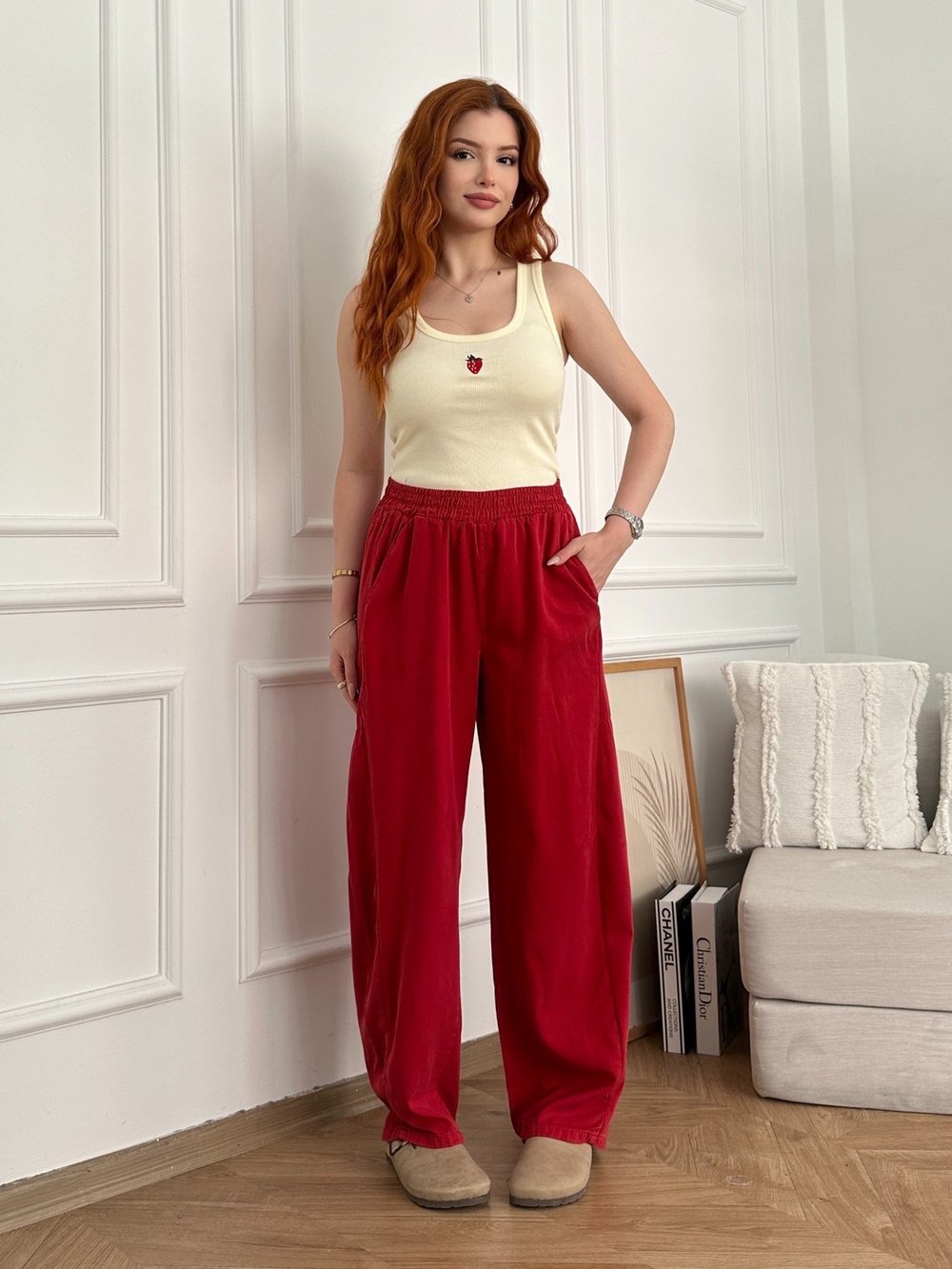 Bol Paça Tensel Beli Lastikli Pantolon Kırmızı