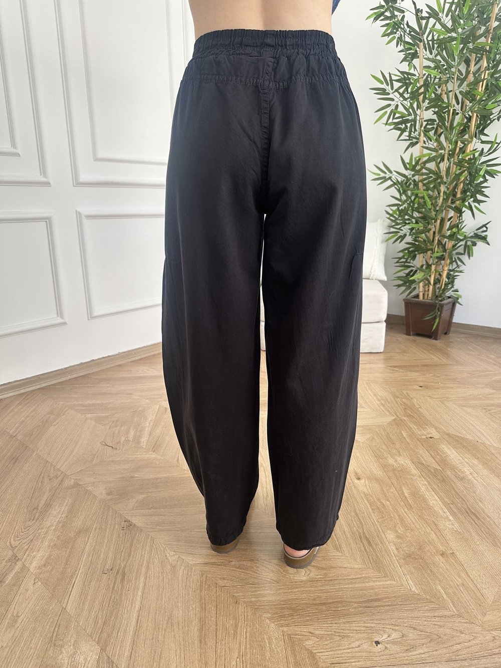 Bol Paça Tensel Beli Lastikli Pantolon Siyah