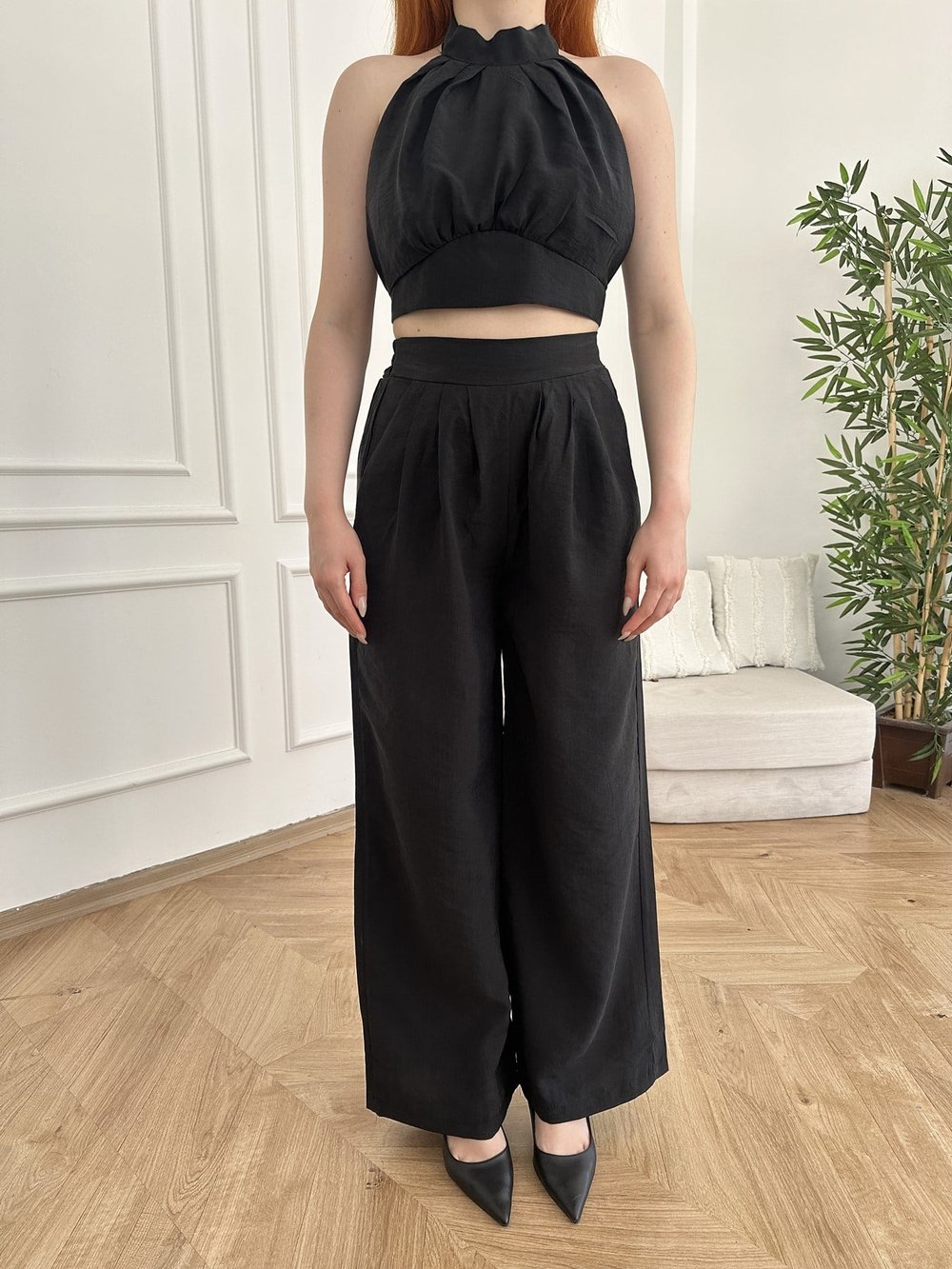 Boyundan Bağlamalı Crop - Pantolon Takım Siyah