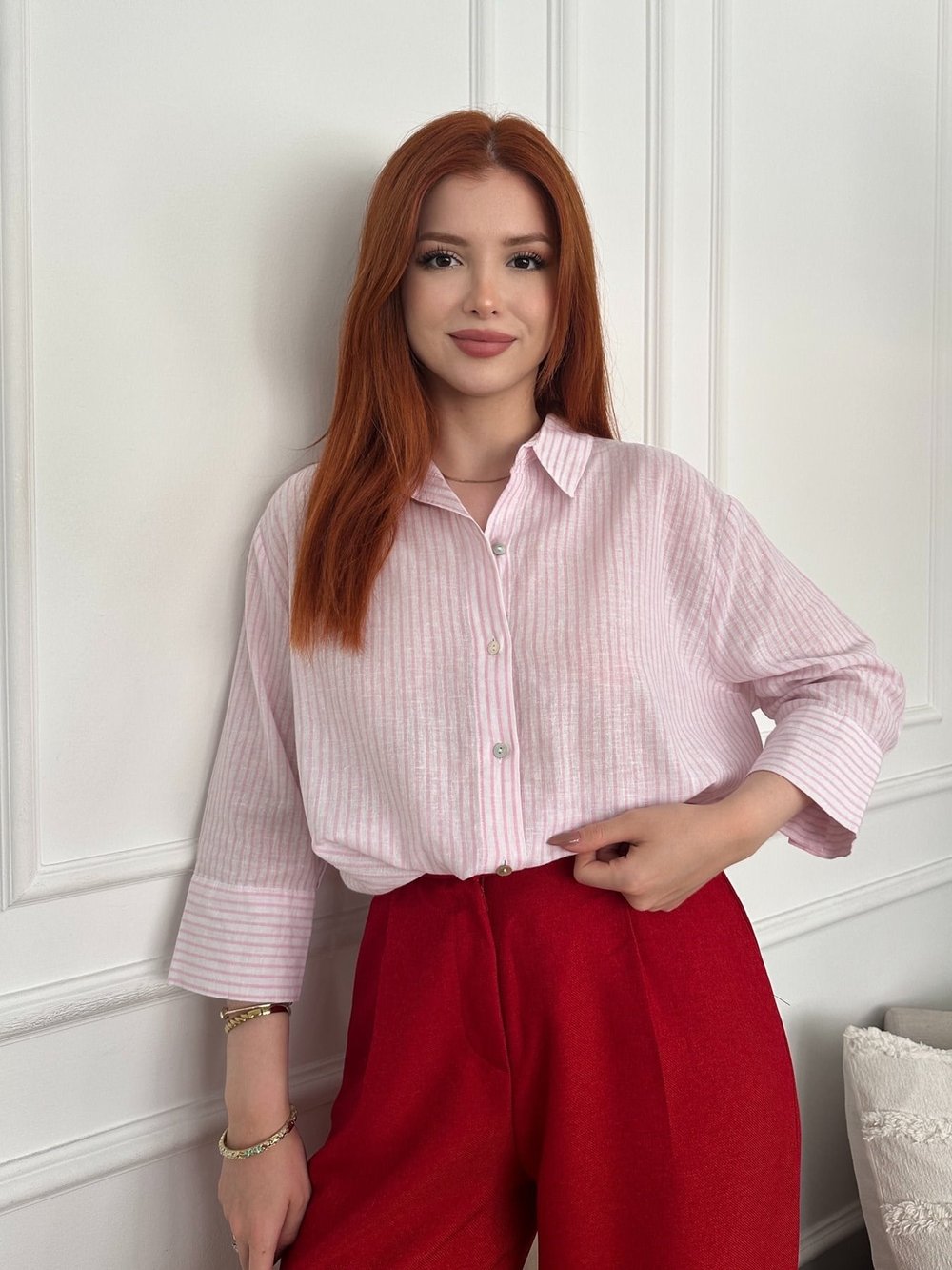 Cepsiz Keten Gömlek Pembe-beyaz