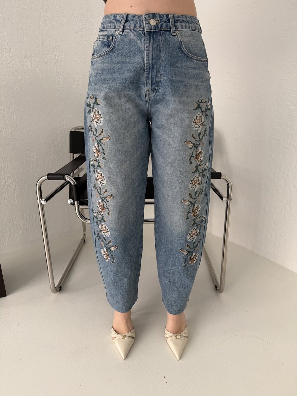 Çiçek Nakışlı Baggy Jean Pantolon Tint