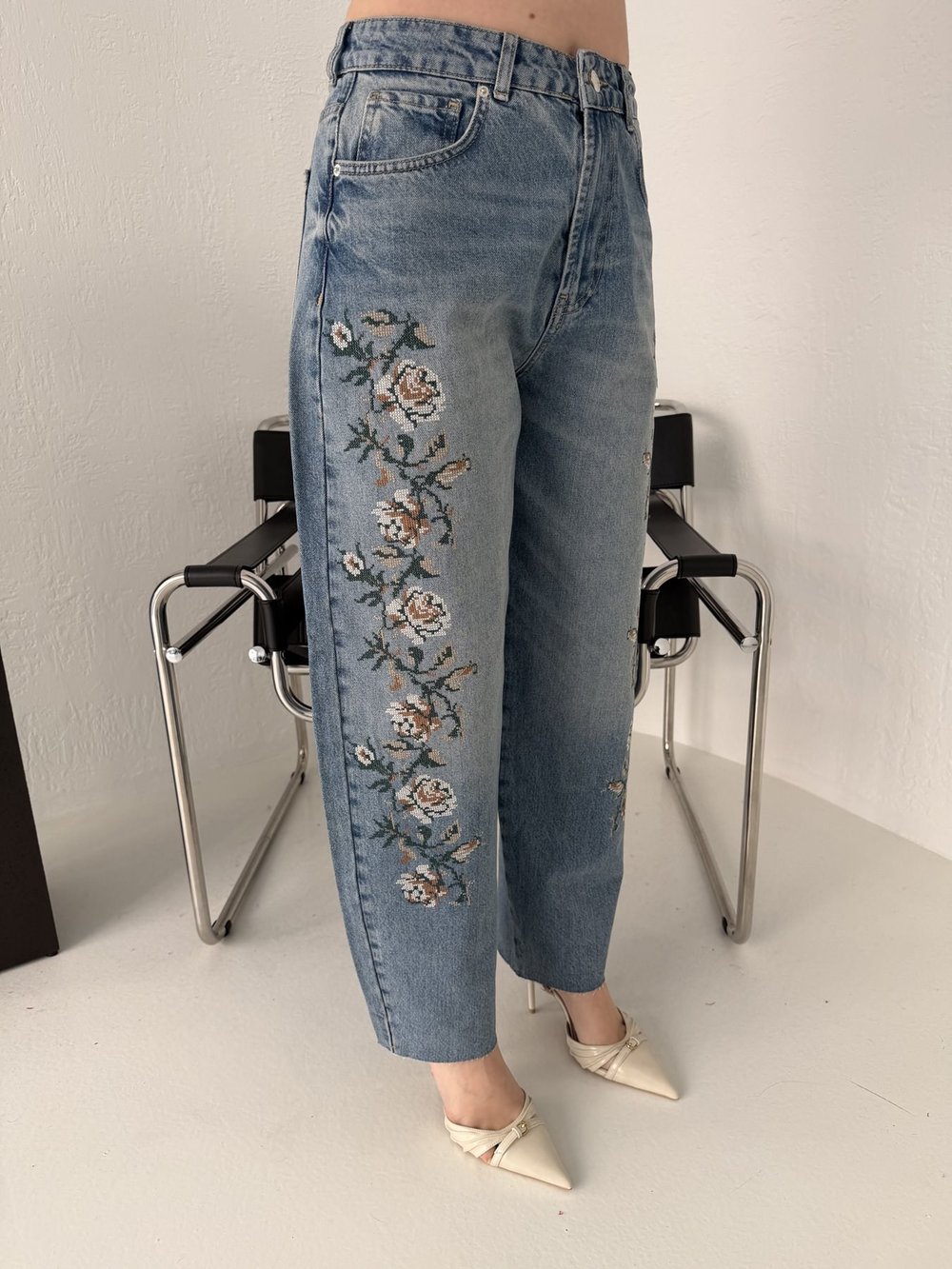 Çiçek Nakışlı Baggy Jean Pantolon Tint