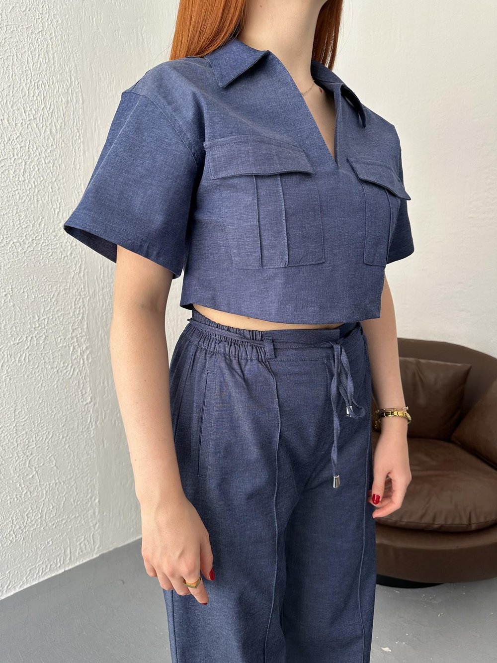 Çift Çepli Crop Bluz İndigo
