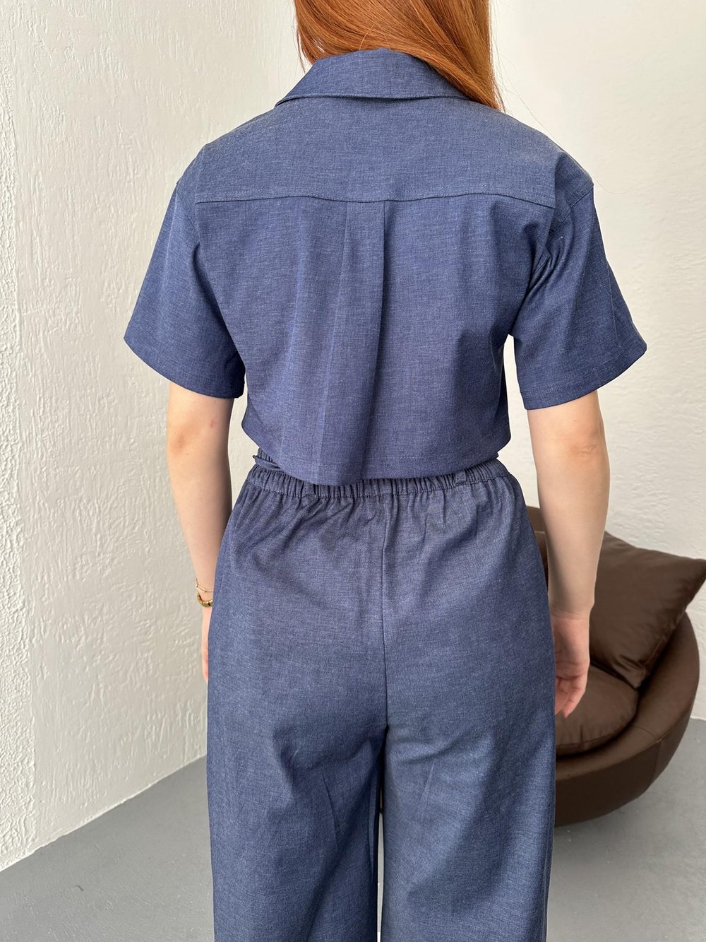 Çift Çepli Crop Bluz İndigo
