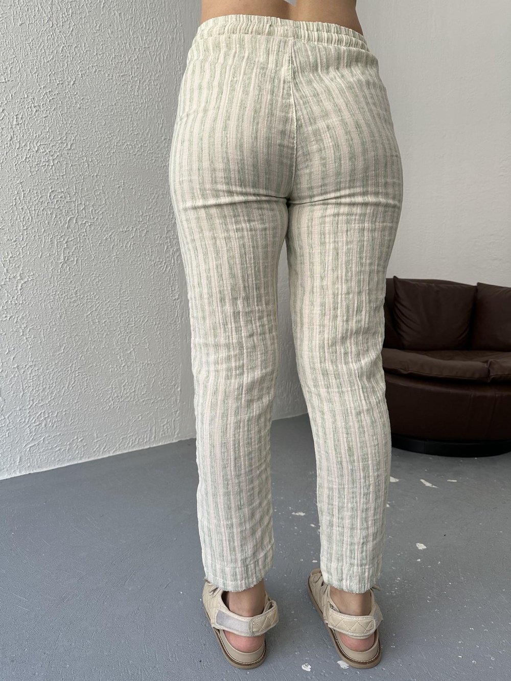 Çizgili Dar Paça Keten Pantolon Yeşil