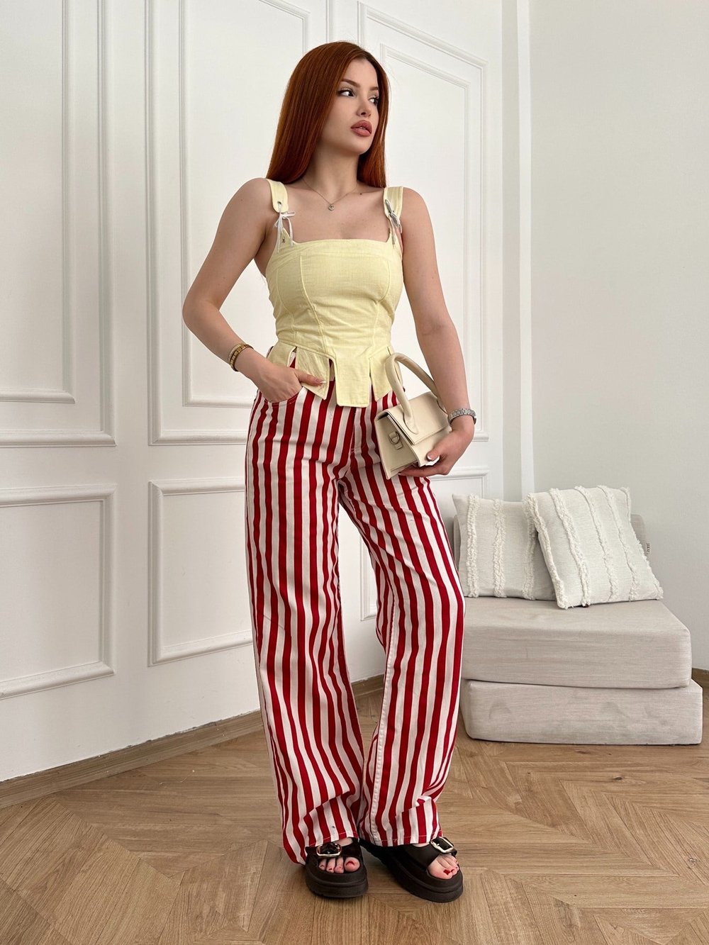 Çizgili Gabardin Pantolon Kırmızı-ekru