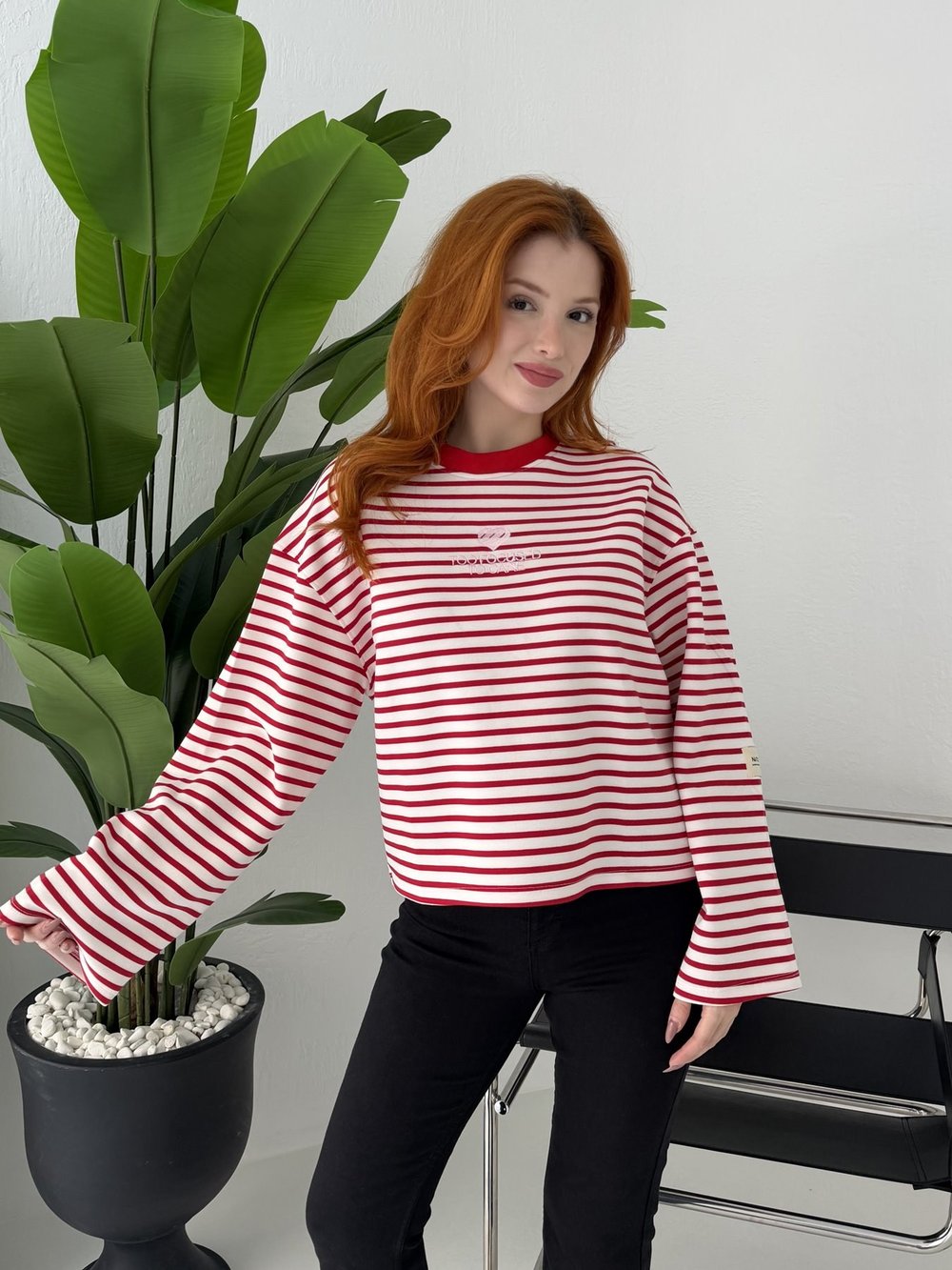 Çizgili Nakış Detay Sweatshırt Kırmızı-ekru