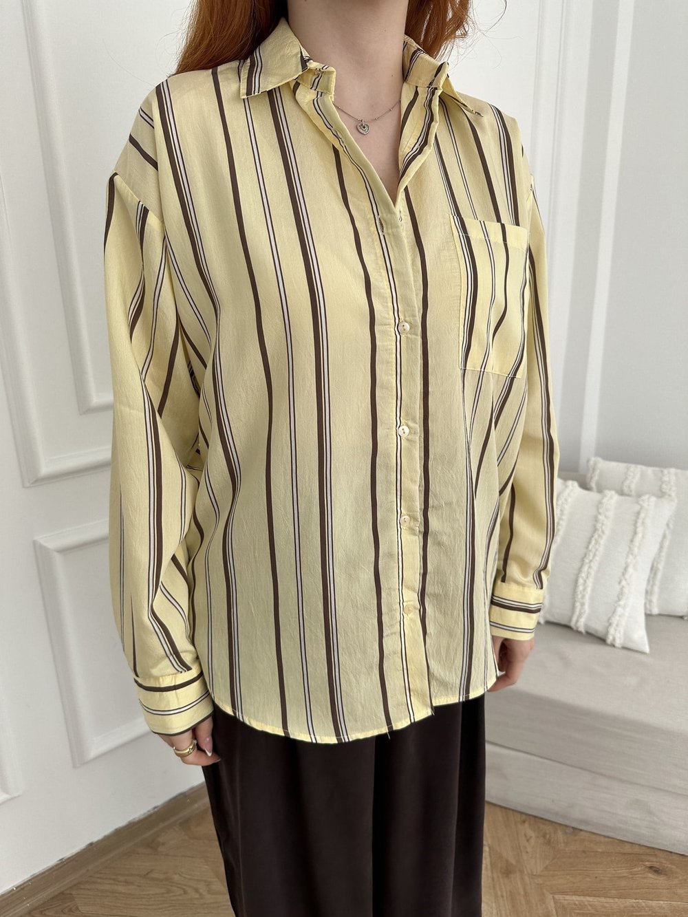 Çizgili Oversize Gömlek Sarı_kahve