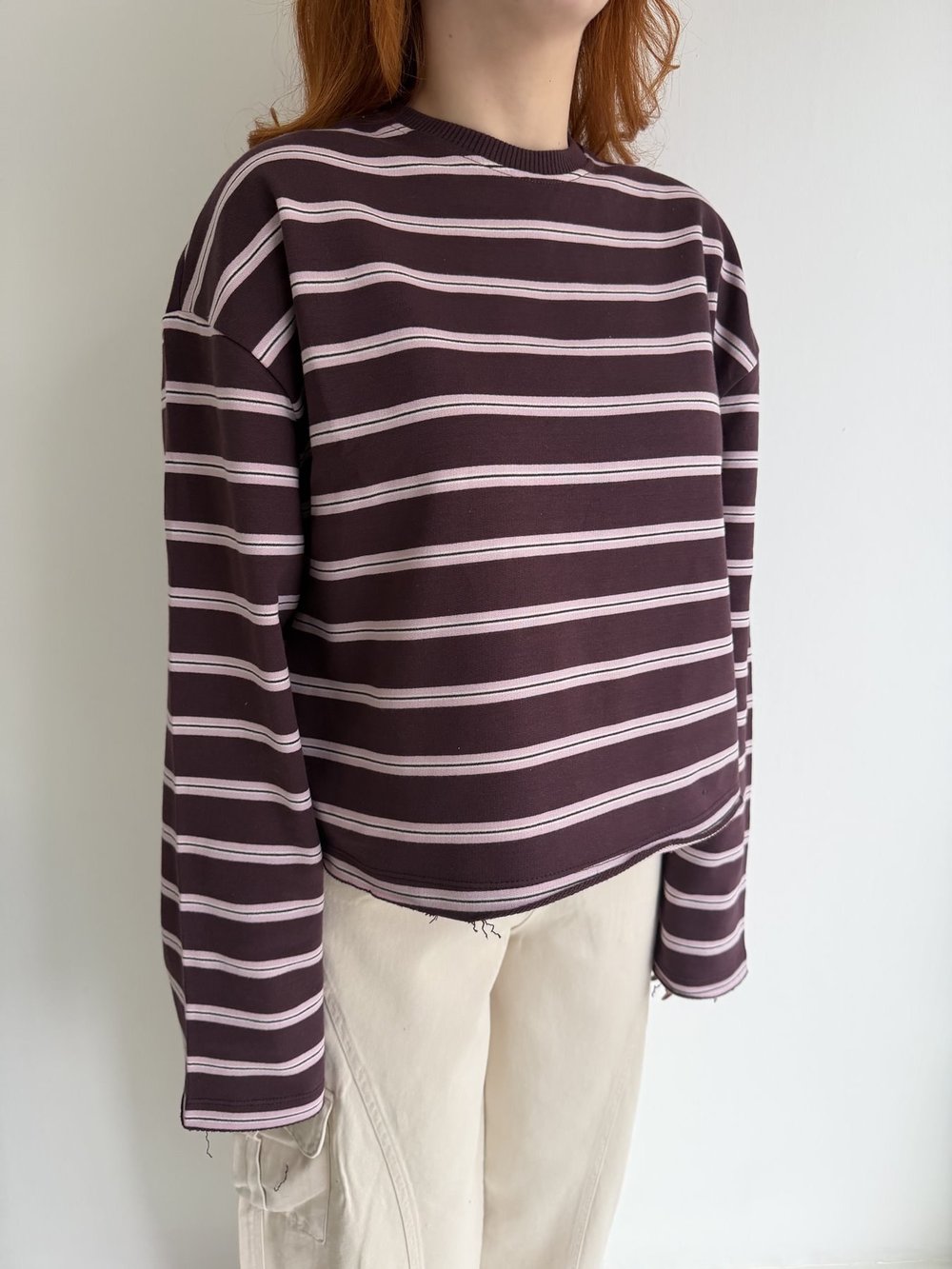 Çizgili Oversize Sweatshırt Bordo
