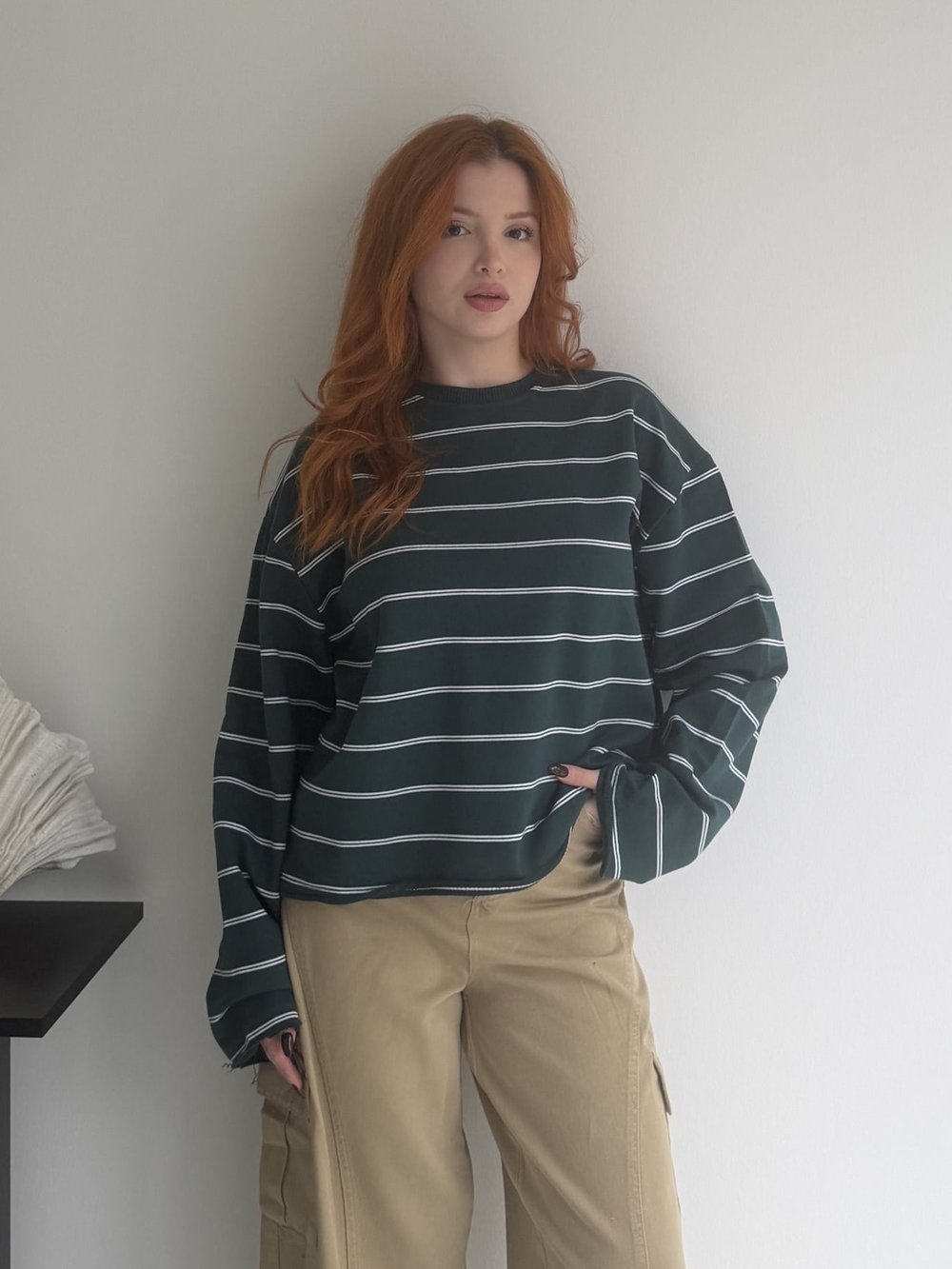 Çizgili Oversize Sweatshırt Yeşil