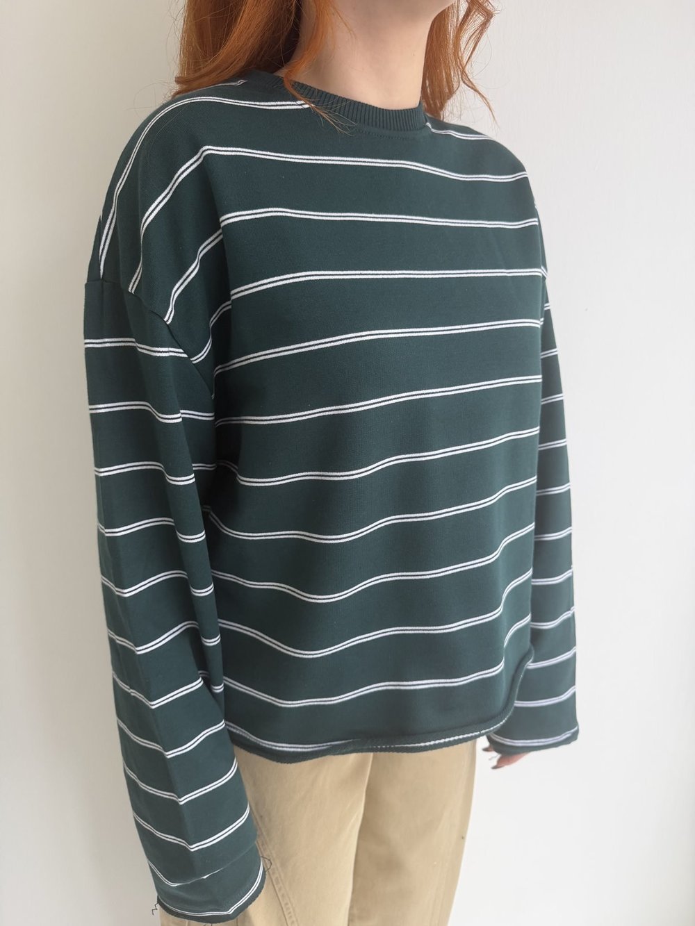 Çizgili Oversize Sweatshırt Yeşil