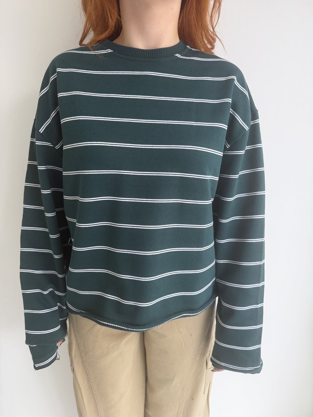 Çizgili Oversize Sweatshırt Yeşil