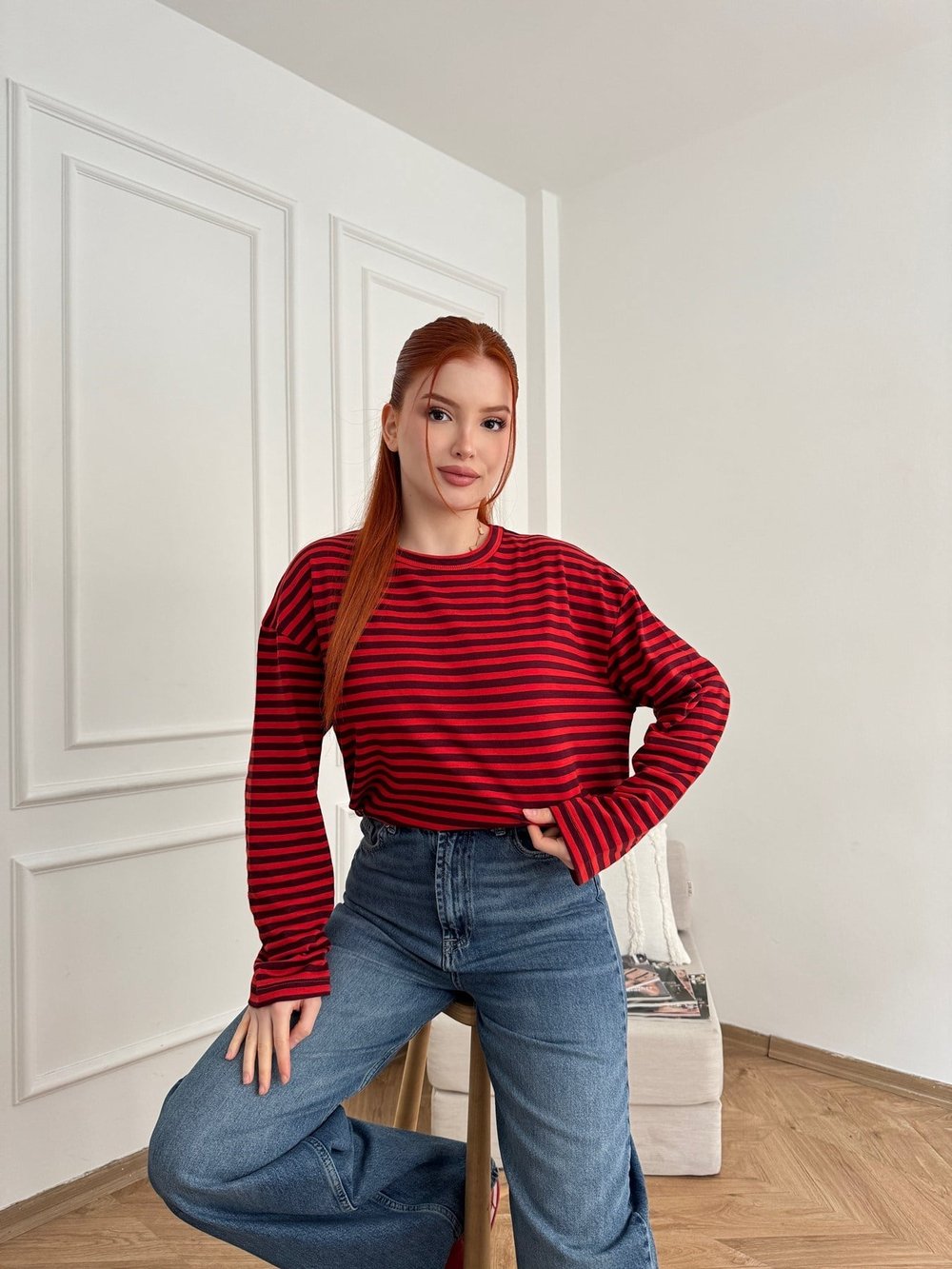 Çizgili Sweatshirt Bordo-kırmızı