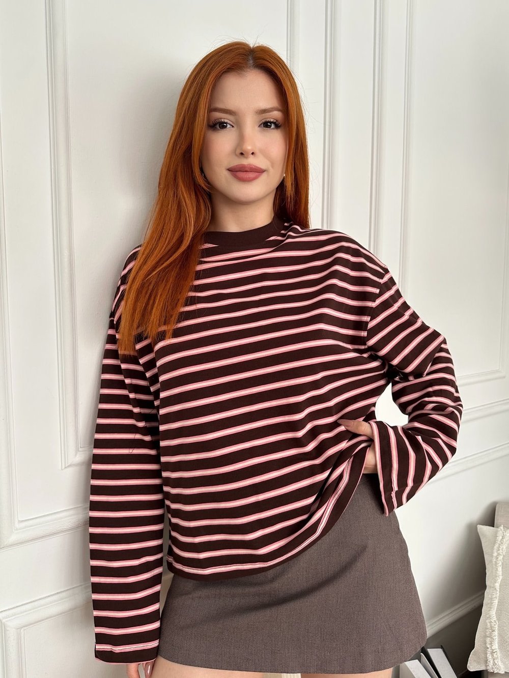 Çizgili Sweatshirt Kahve-pembe