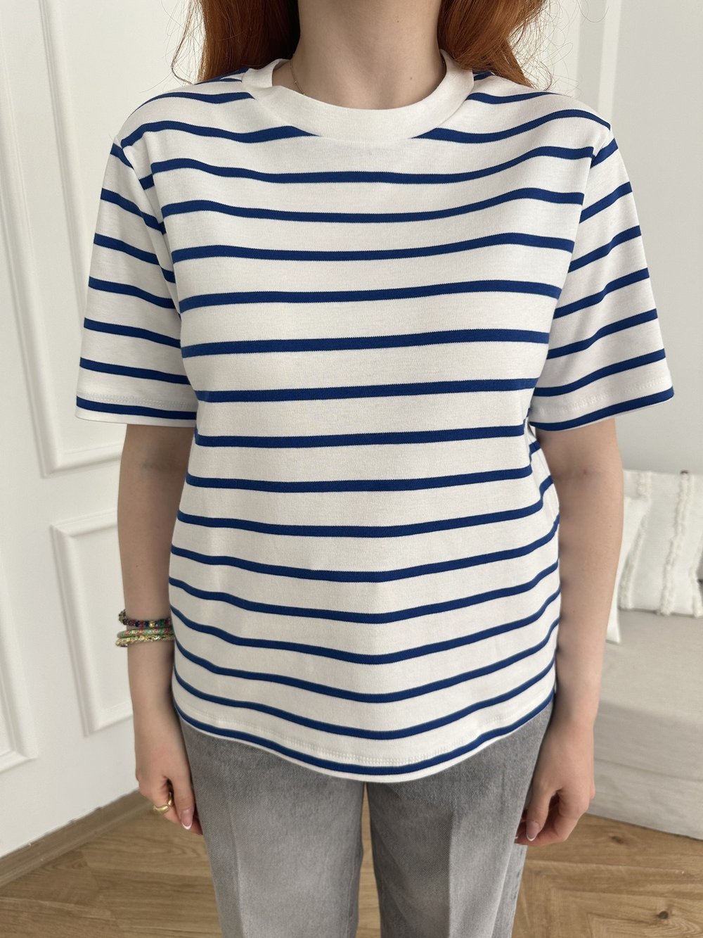 Çizgili T-shirt Ekru-sax