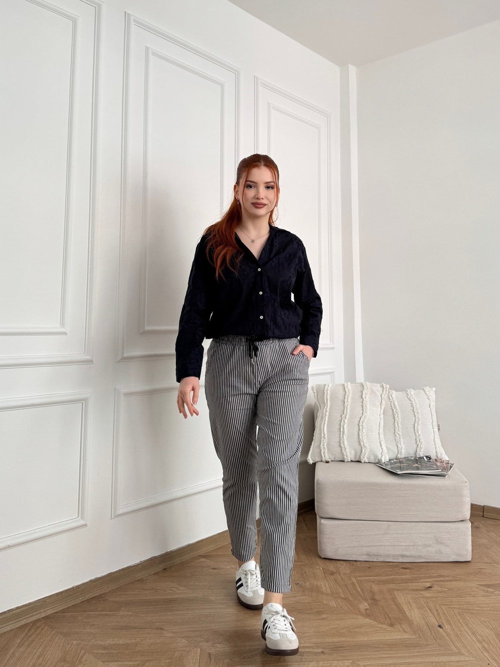 Çizgili Yan Cep Double Paça Premium Pantolon Siyah