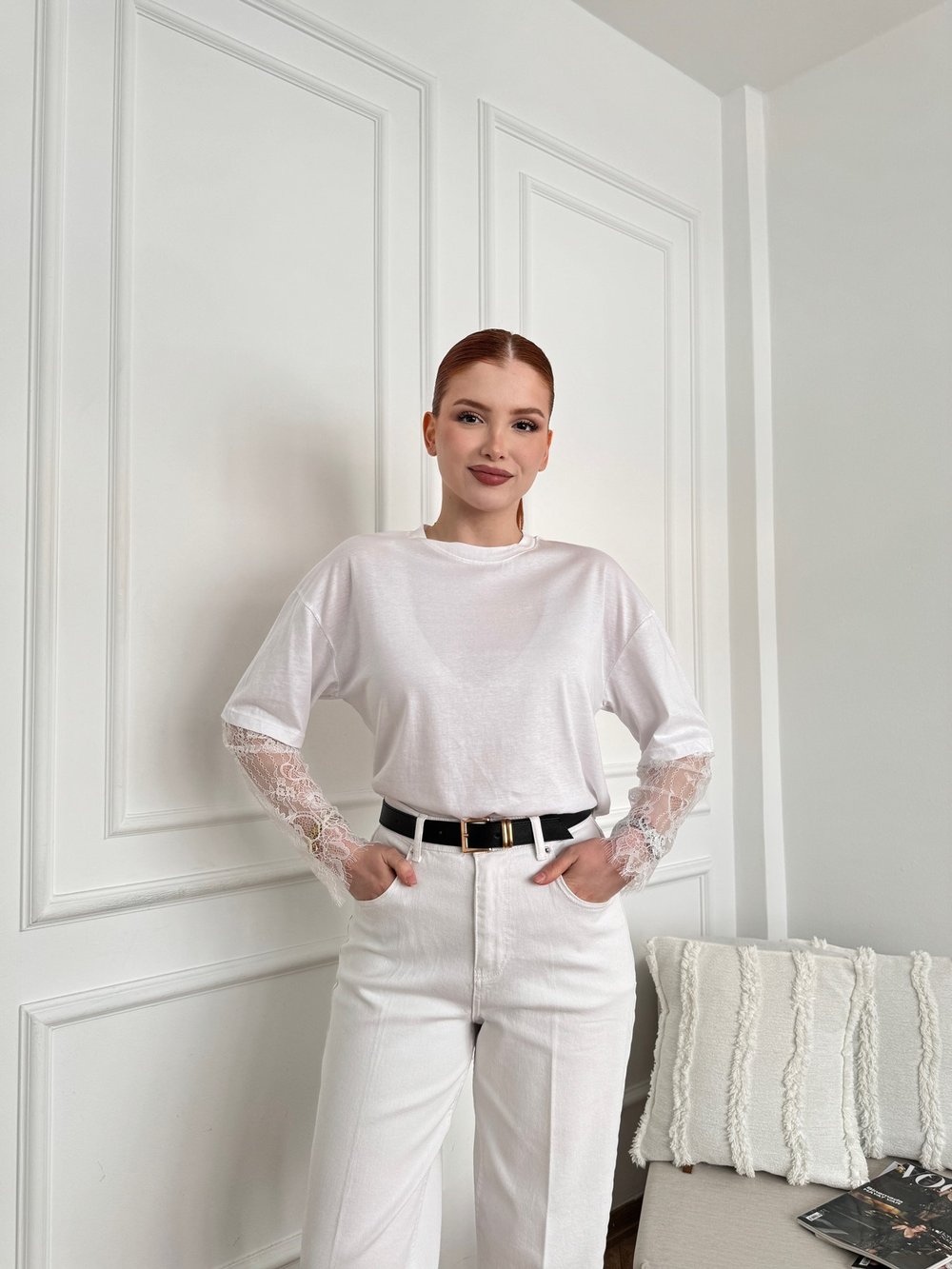 Dantel Garnili Basic Tişört Ekru