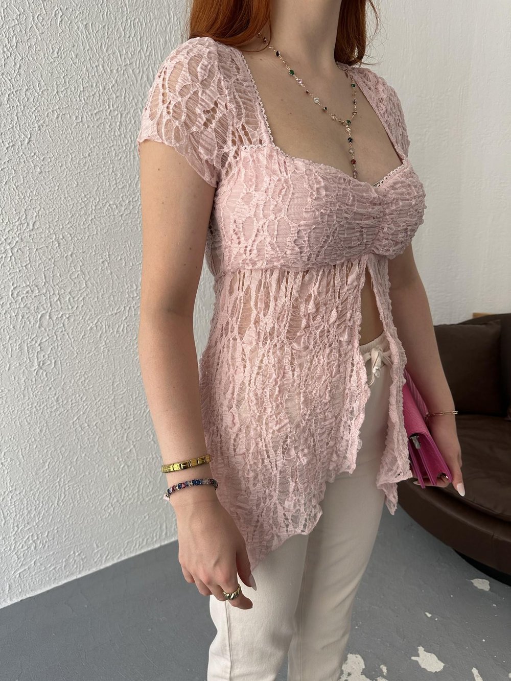 Dantelli Bluz Açık pudra
