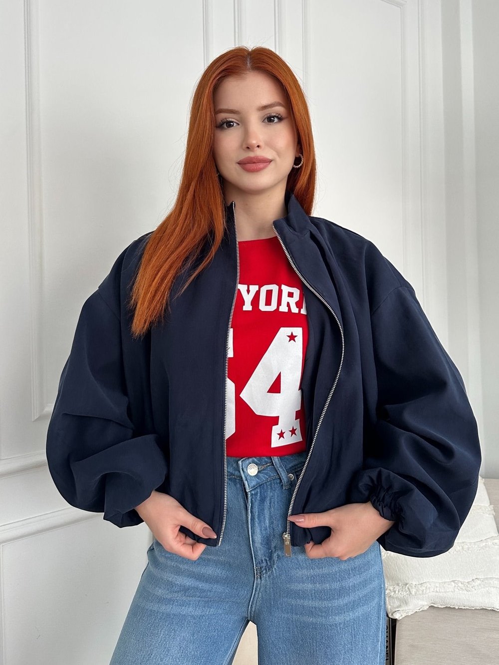 Dik Yaka Oversize Balon Mont Lacivert