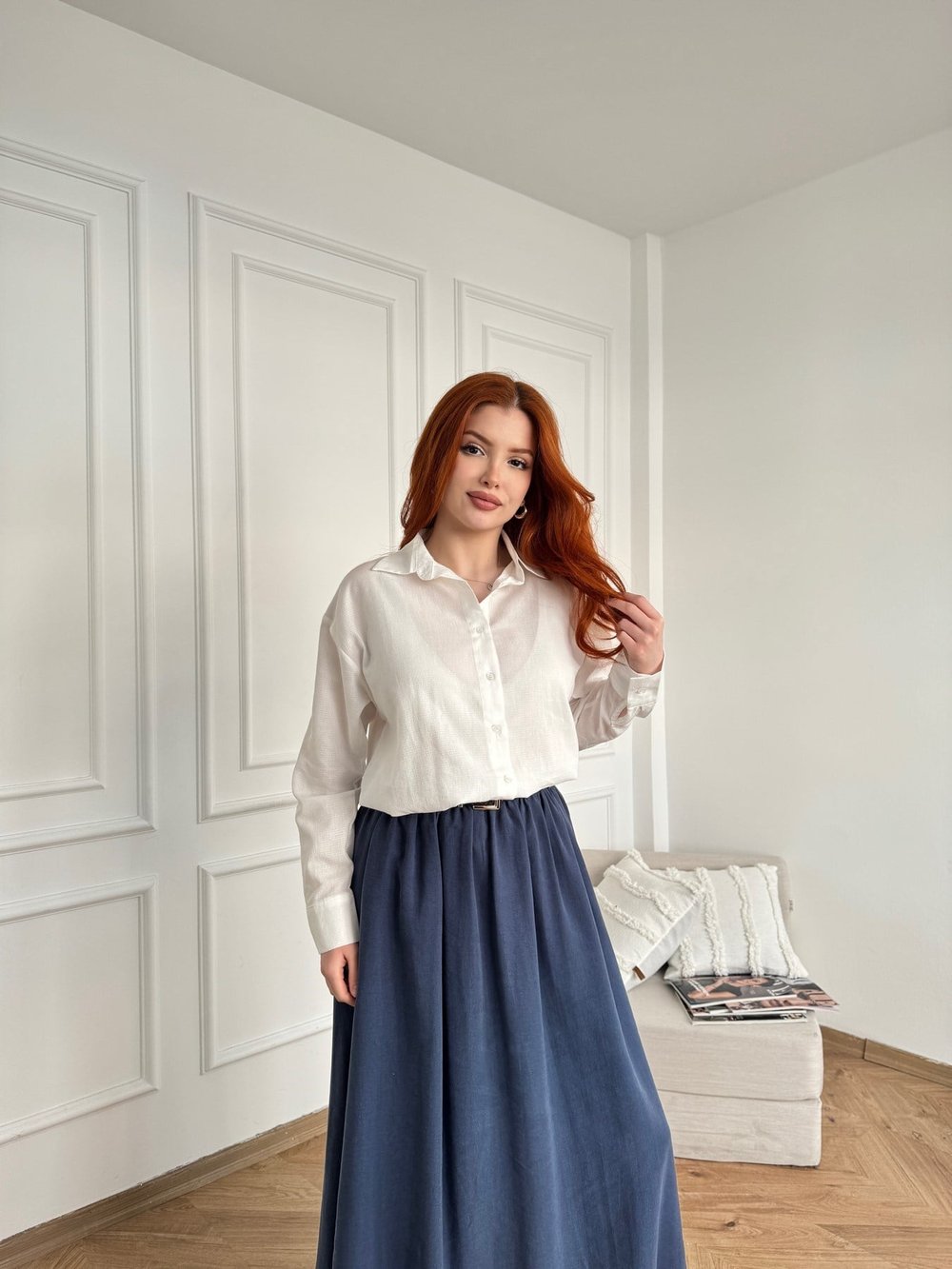 Dokulu Oversize Gömlek Ekru