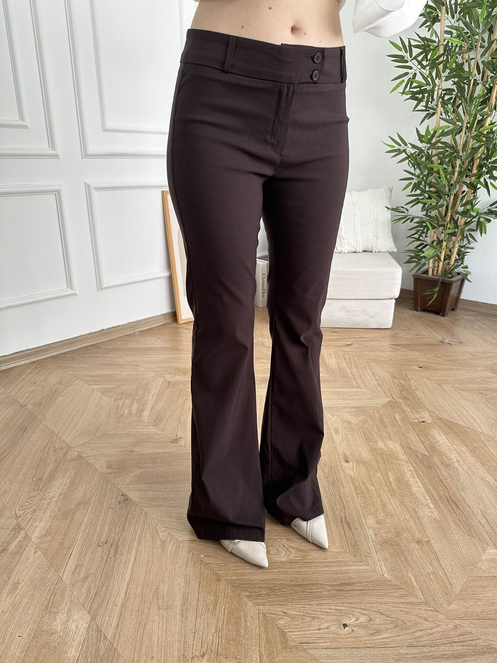 Düğme Detaylı Bol Paça Pantolon Kahve
