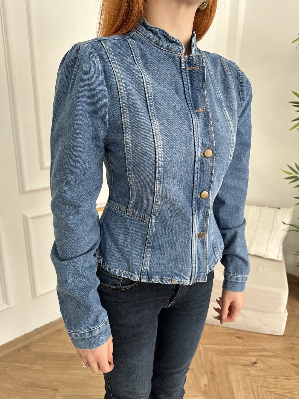 Düğmeli Peplum Jean Ceket Mavi