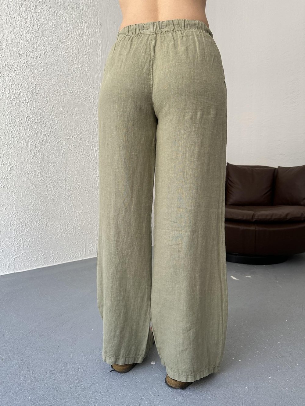 Düşük Bel Keten Pantolon Haki