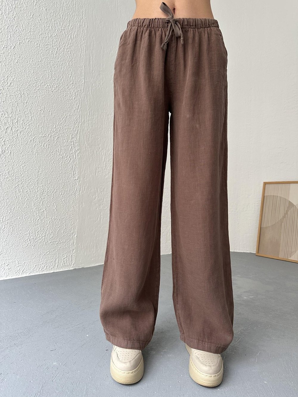 Düşük Bel Keten Pantolon Kahve