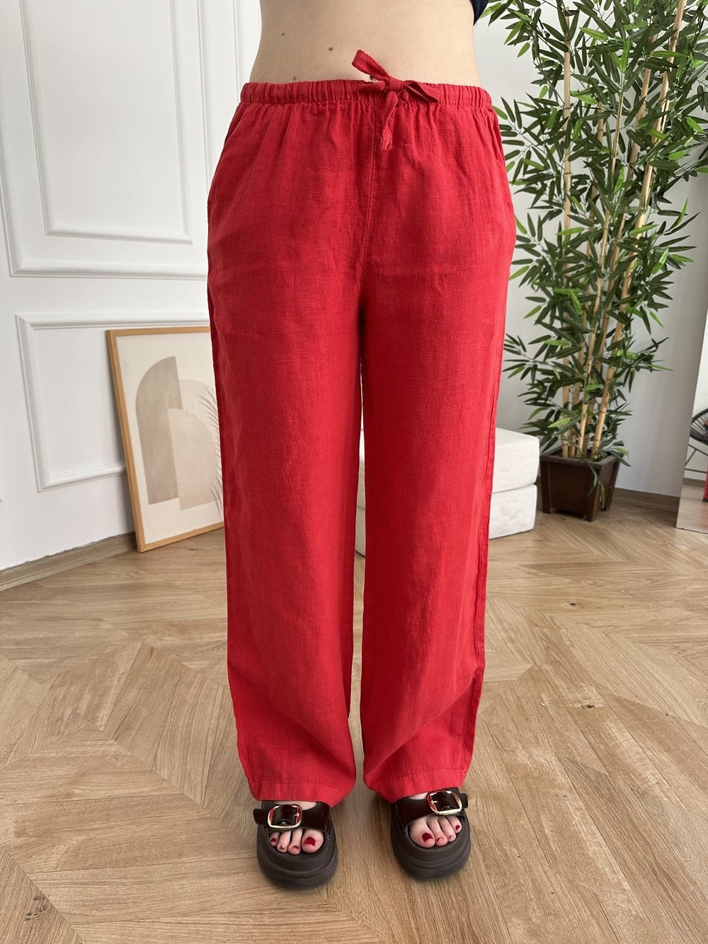 Düşük Bel Keten Pantolon Kırmızı
