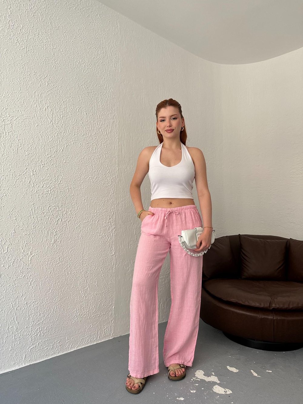 Düşük Bel Keten Pantolon Şeker pembe