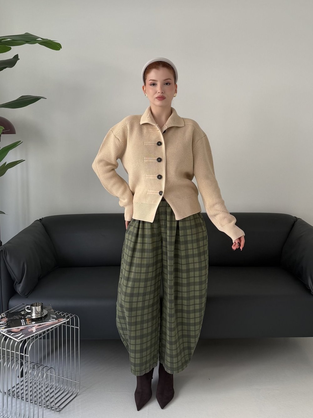 Ekose Desen Balon Pantolon Haki