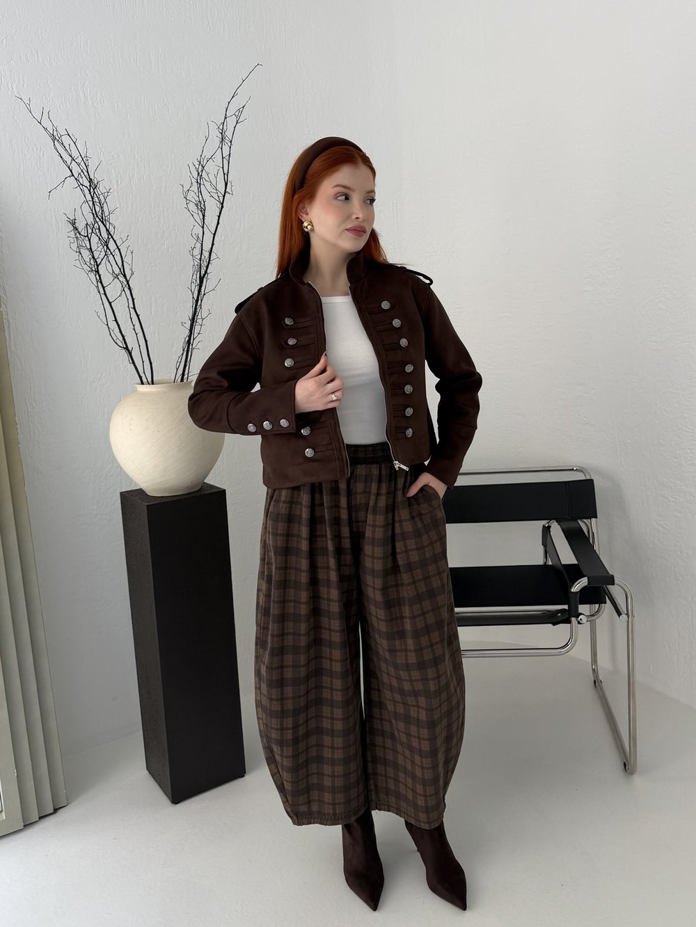 Ekose Desen Balon Pantolon Kahve