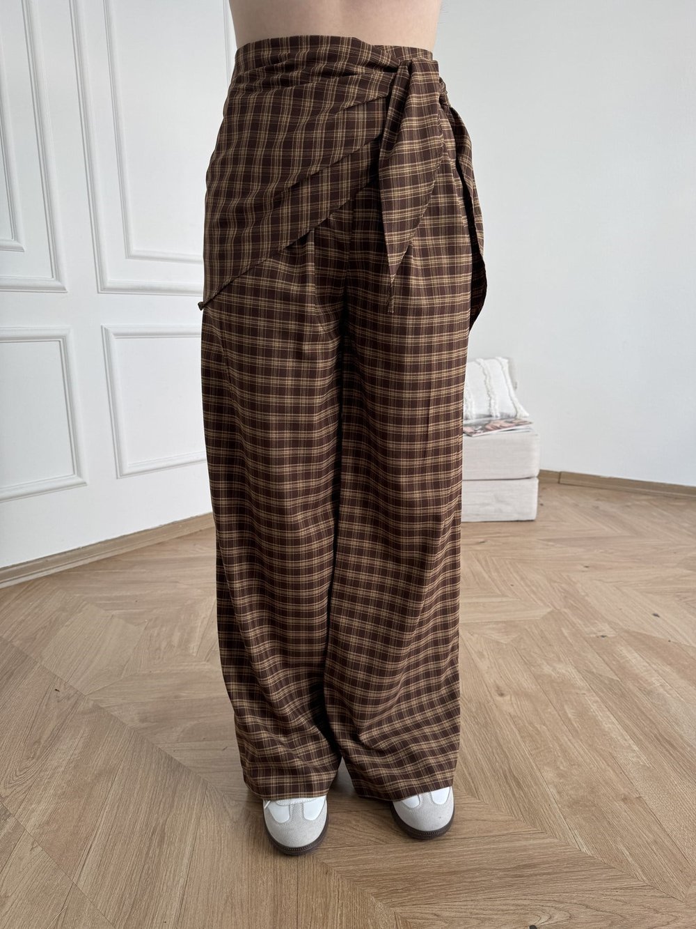 Ekose Desen Bol Paça Pantolon Kahve-camel