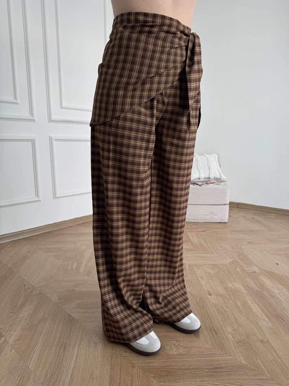 Ekose Desen Bol Paça Pantolon Kahve-camel