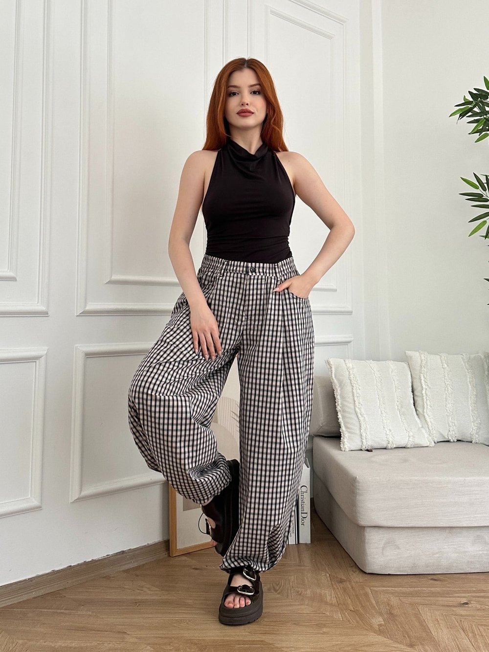 Ekose Desen Paçası Lastikli Pantolon Laci-bej