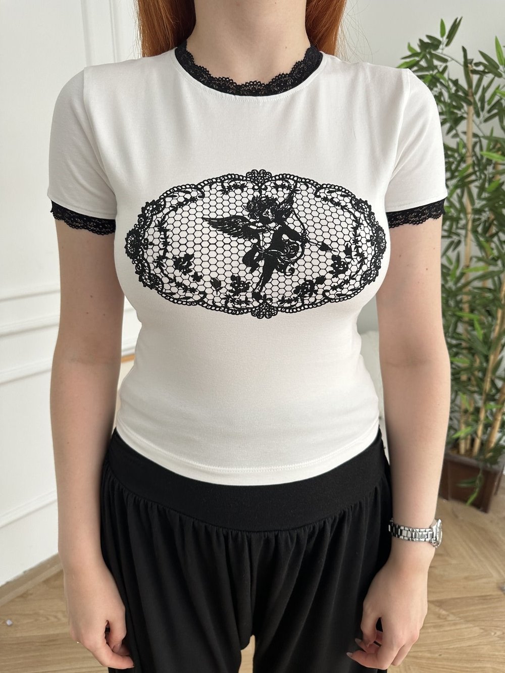 Eros Baskılı Dantel Garni T-shirt Ekru