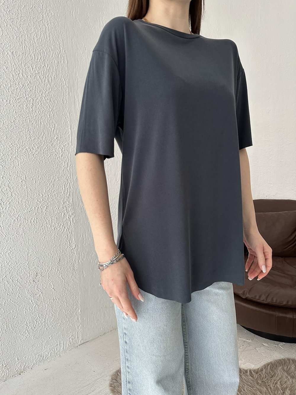 Eteği Oval Oversize Tişört Antrasit