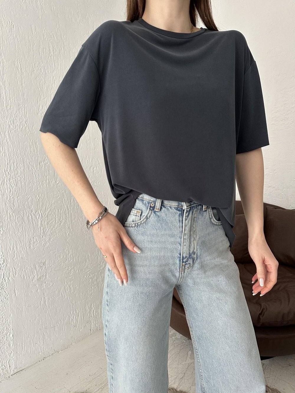 Eteği Oval Oversize Tişört Antrasit