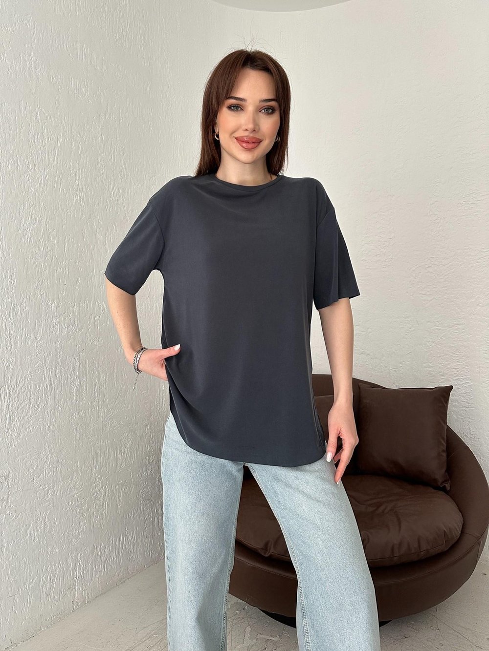 Eteği Oval Oversize Tişört Antrasit
