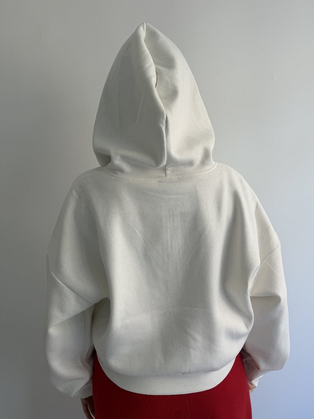 Fermuarlı Kapüşonlu Simli Sweatshirt Ekru
