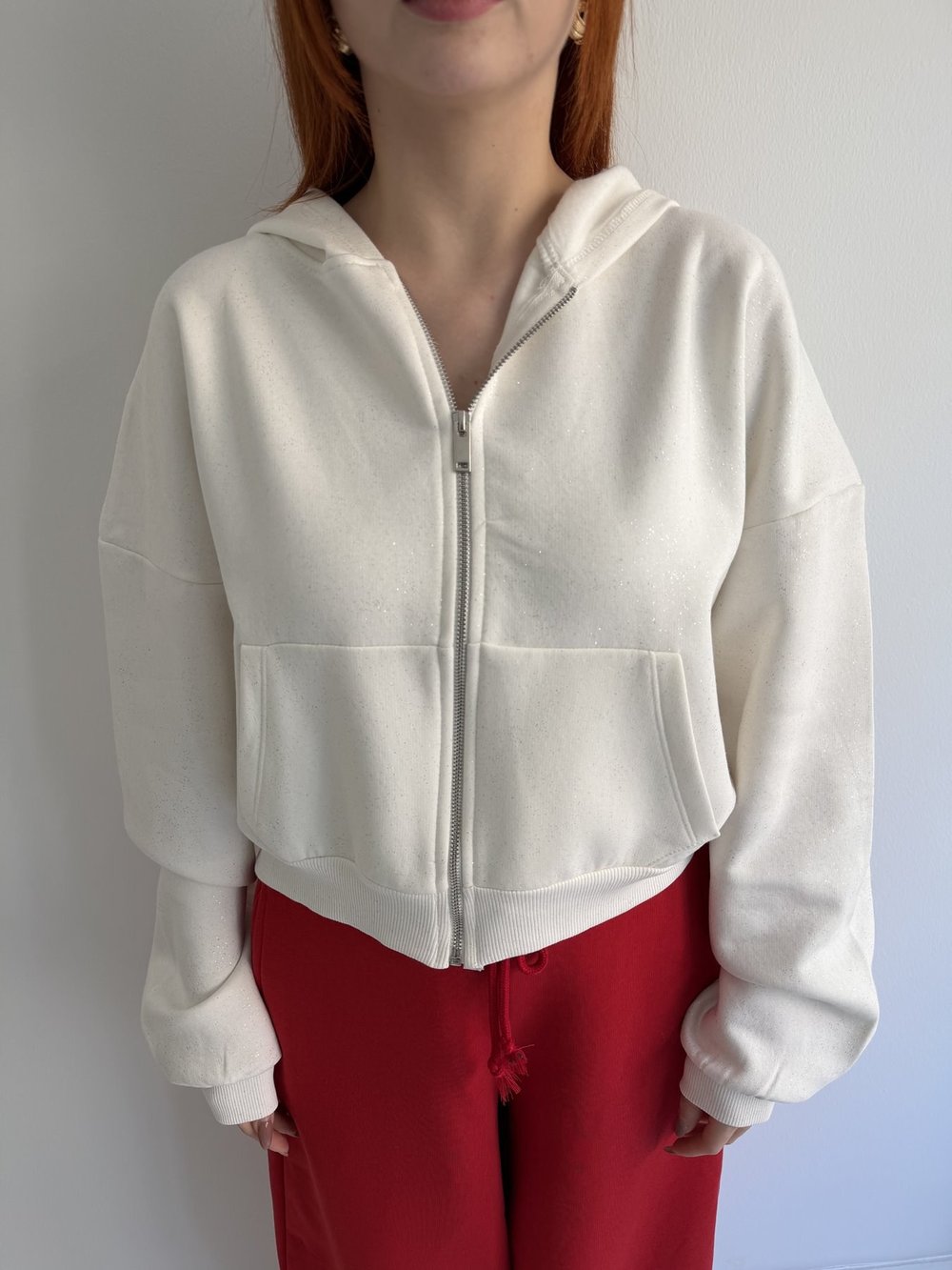 Fermuarlı Kapüşonlu Simli Sweatshirt Ekru