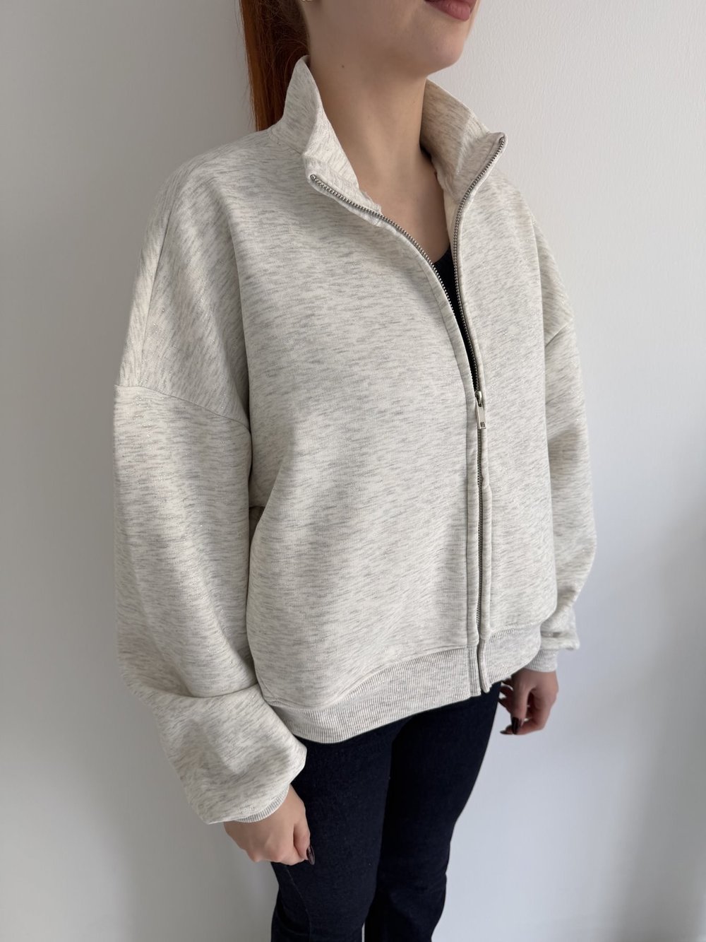 Fermuarlı Simli Sweatshirt Gri-gümüş