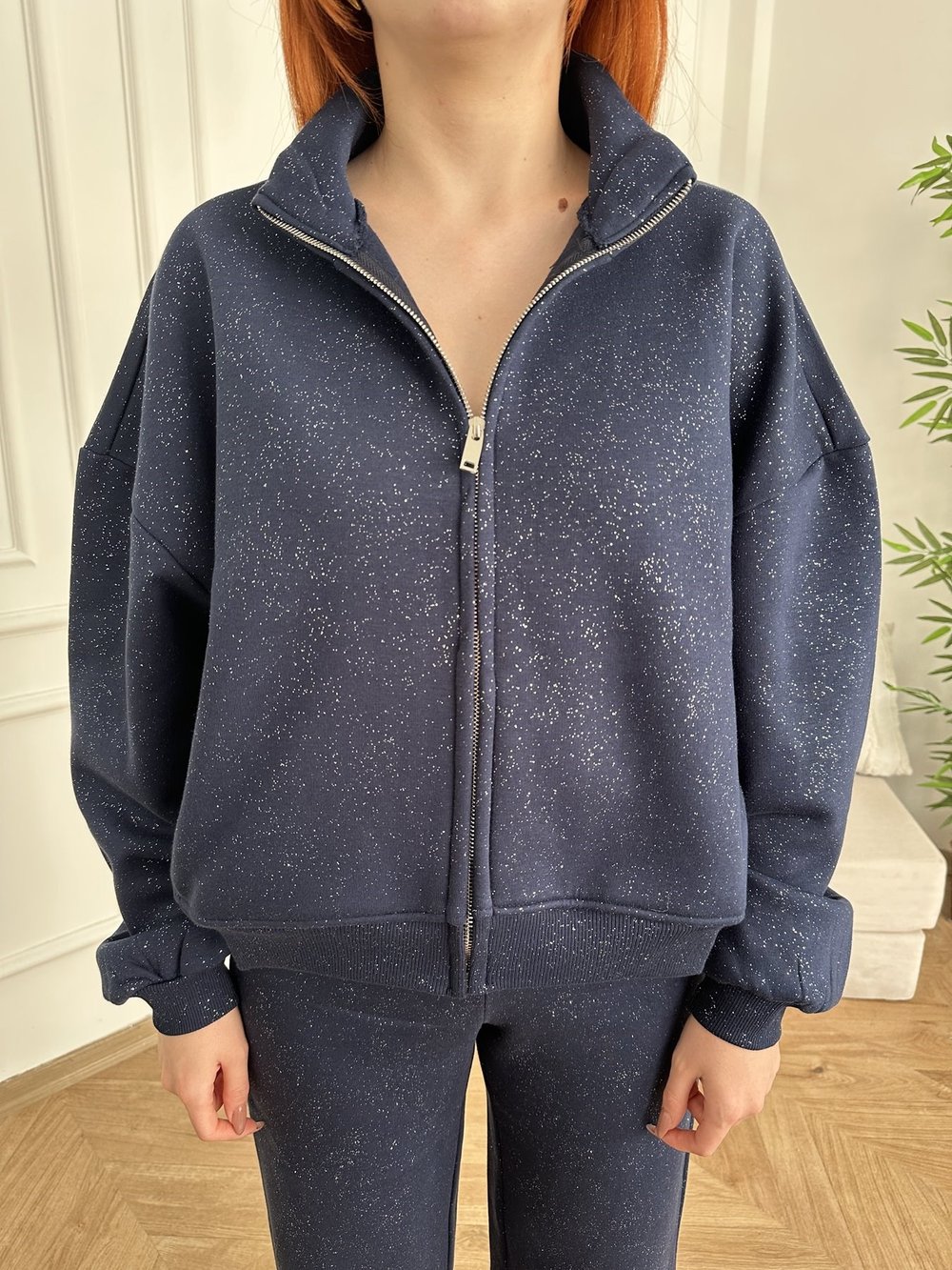 Fermuarlı Simli Sweatshirt Lacivert-gümüş