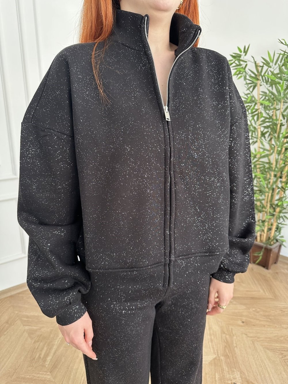 Fermuarlı Simli Sweatshirt Siyah-gümüş