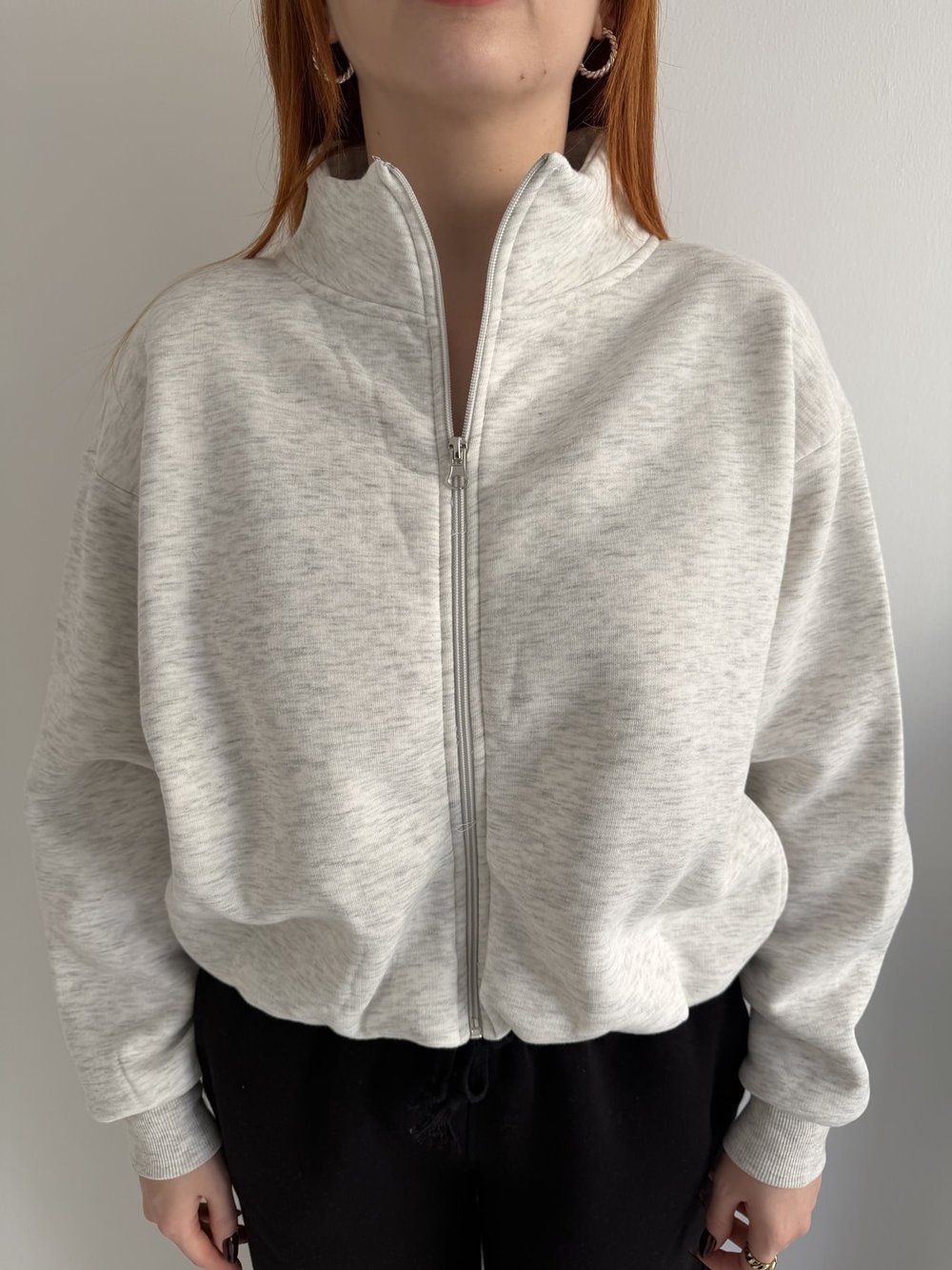 Fermuarlı Sırtı Baskılı Yarasa Kol Sweatshırt Gri melanj