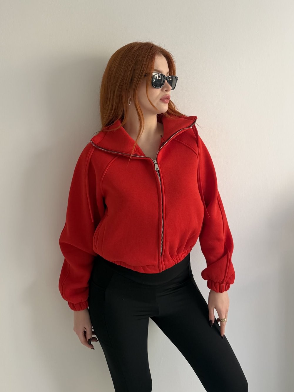 Fermuarlı Yan Cep Crop Sweatshirt Kırmızı